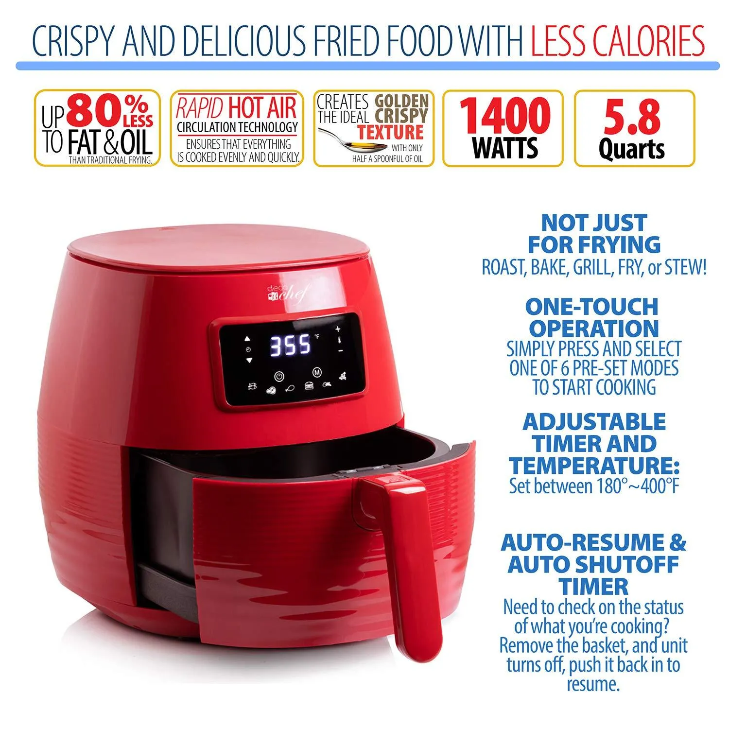 Deco Chef Digital 5.8QT Electric Air Fryer Healthier Cooking Red   6-Pcs Knife Set Black