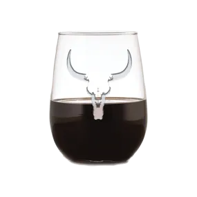 Deep Carved Longhorn Steer Skull Stemless Wine Glass