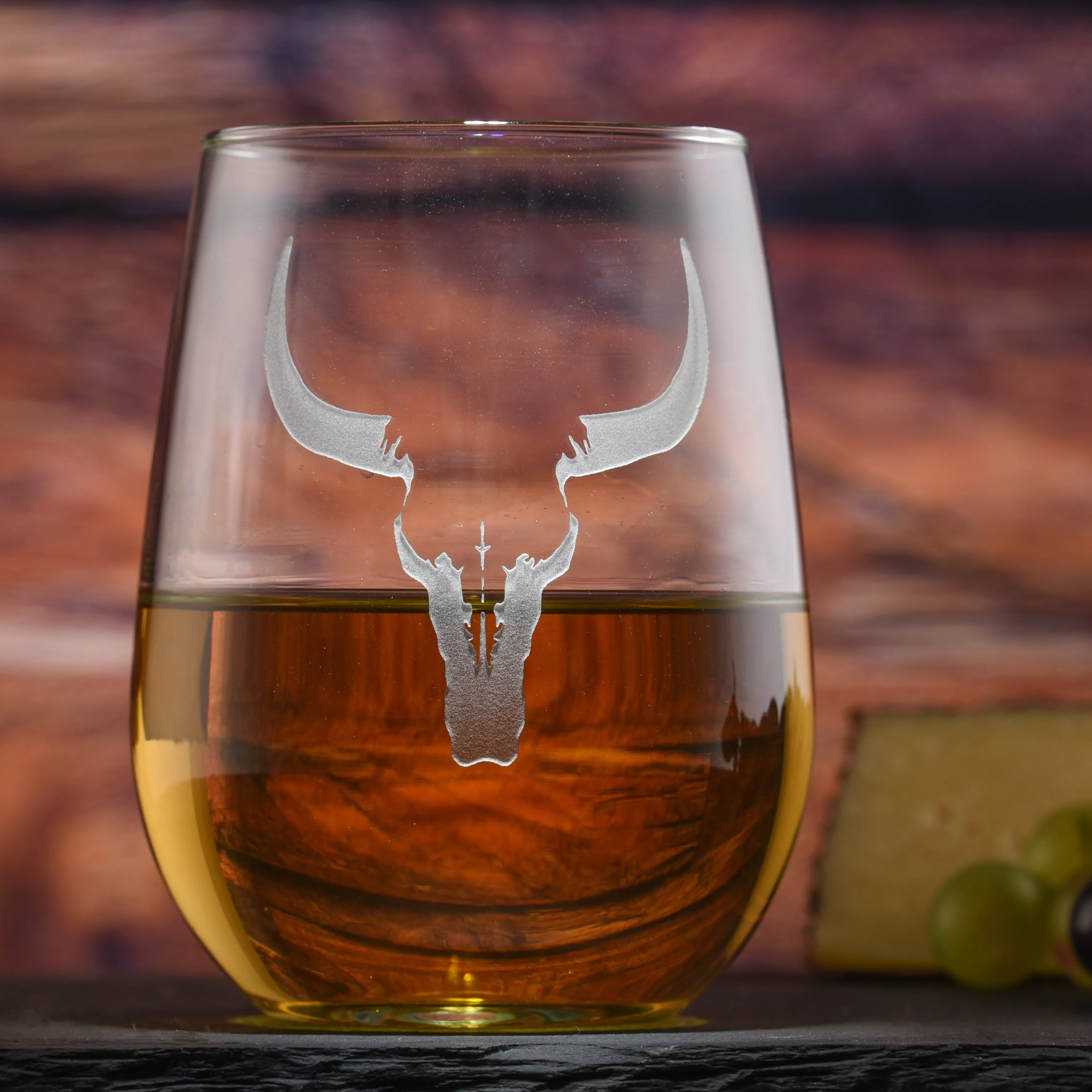 Deep Carved Longhorn Steer Skull Stemless Wine Glass