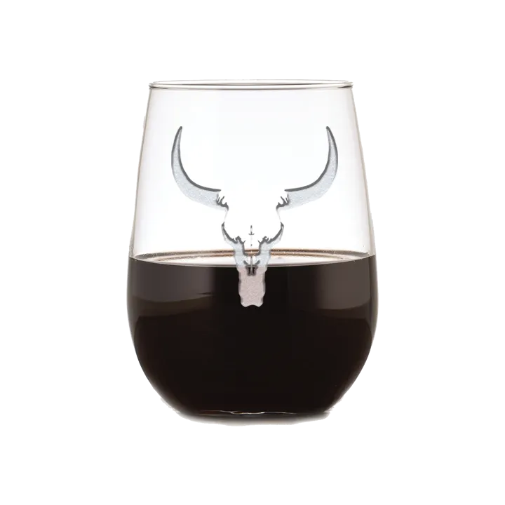 Deep Carved Longhorn Steer Skull Stemless Wine Glass