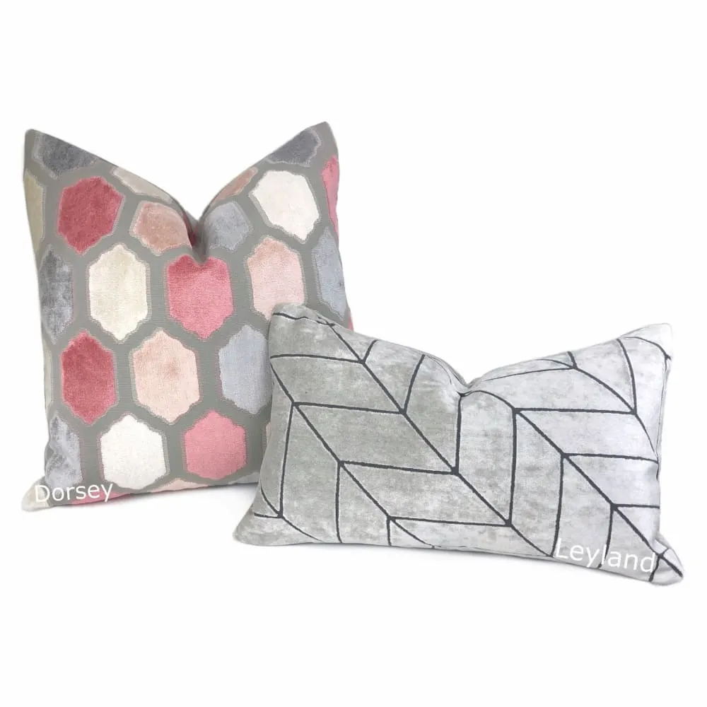 Dorsey Pink Gray Geometric Tile Velvet Pillow Cover