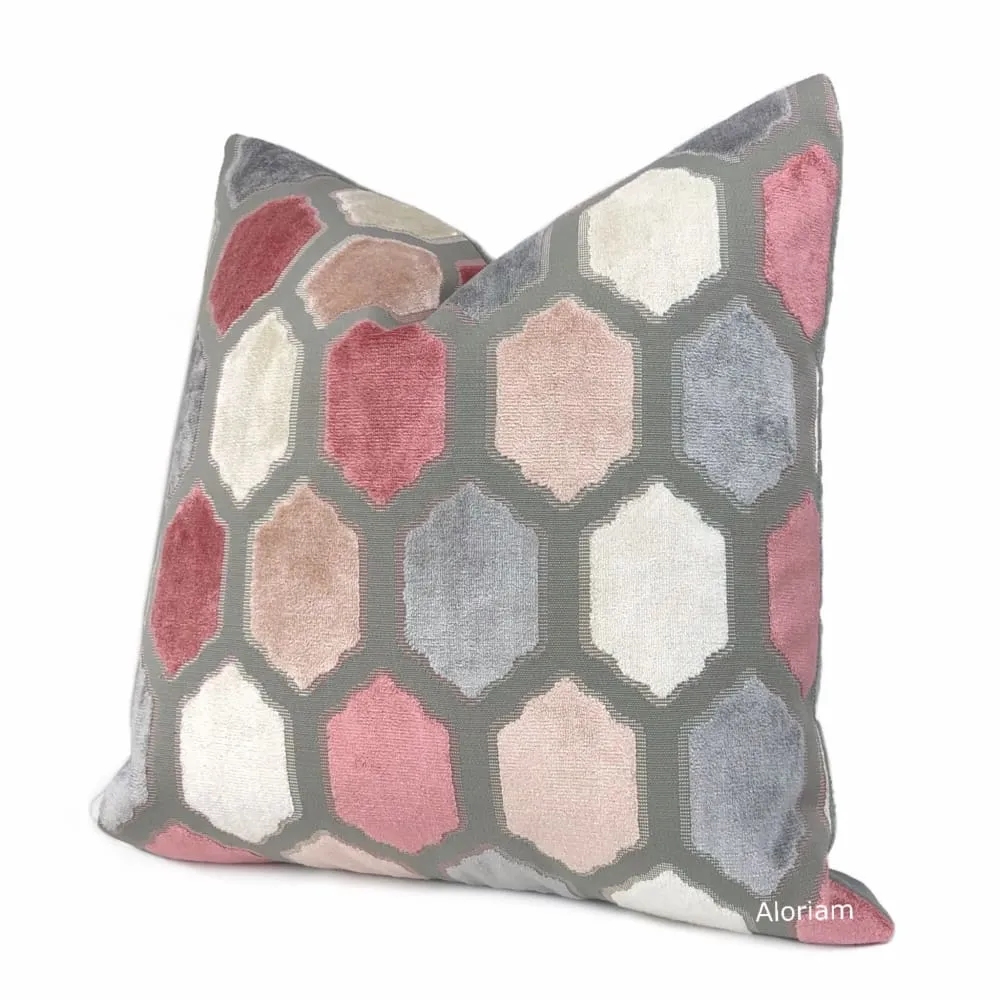 Dorsey Pink Gray Geometric Tile Velvet Pillow Cover