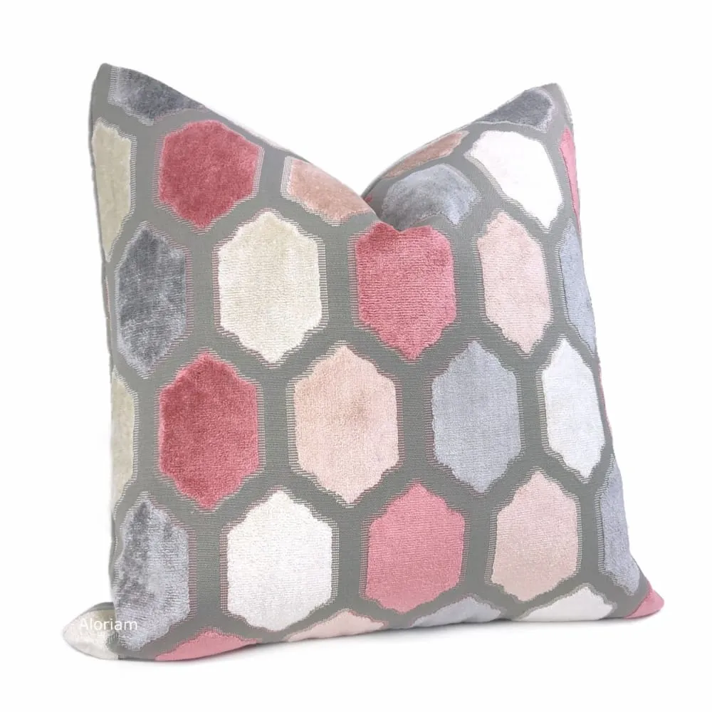 Dorsey Pink Gray Geometric Tile Velvet Pillow Cover