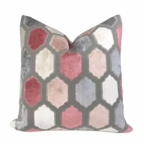 Dorsey Pink Gray Geometric Tile Velvet Pillow Cover