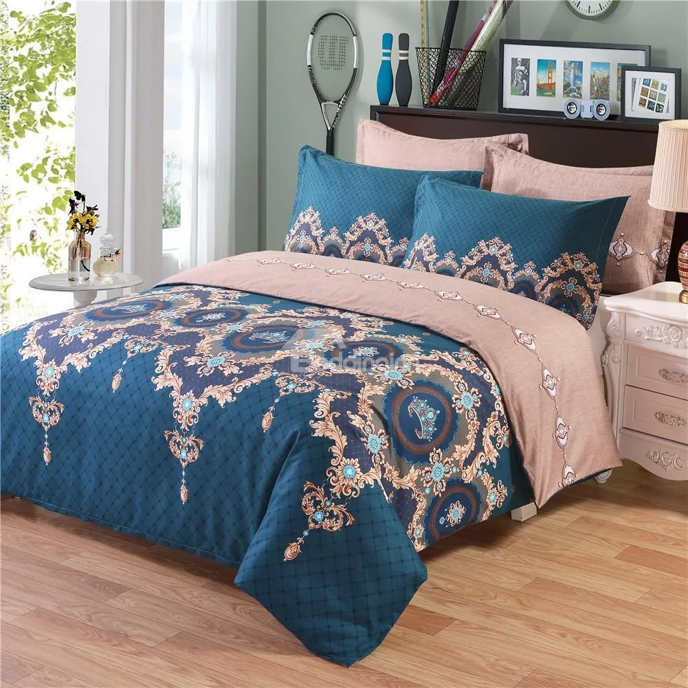 Double Printed Flowers Ethnic Style Blue Polyester Luxury 3-Piece Bedding Sets/Duvet Cover