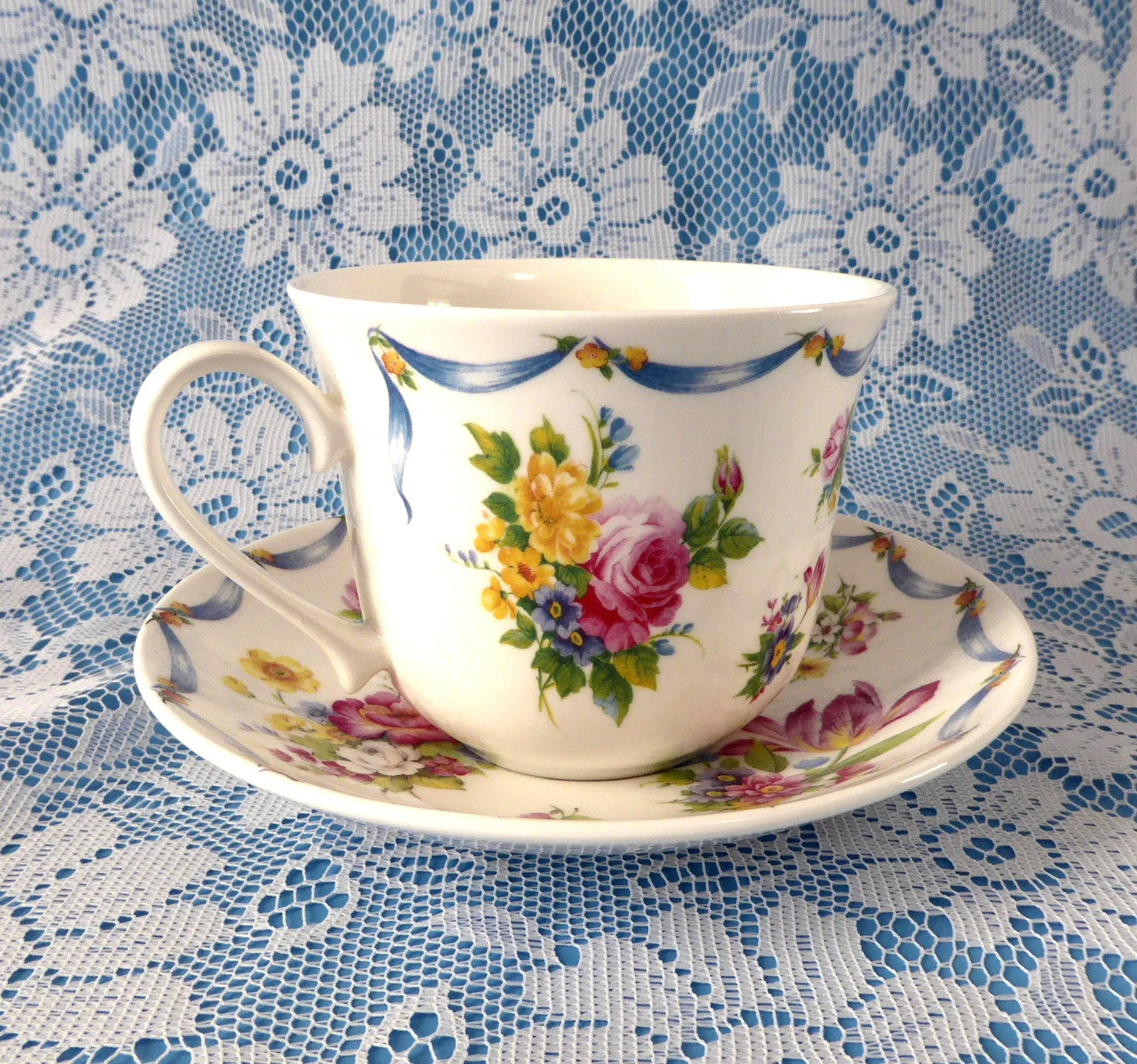 Dresden Spray Breakfast Size Cup And Saucer Roy Kirkham Flowers Floral Bone China