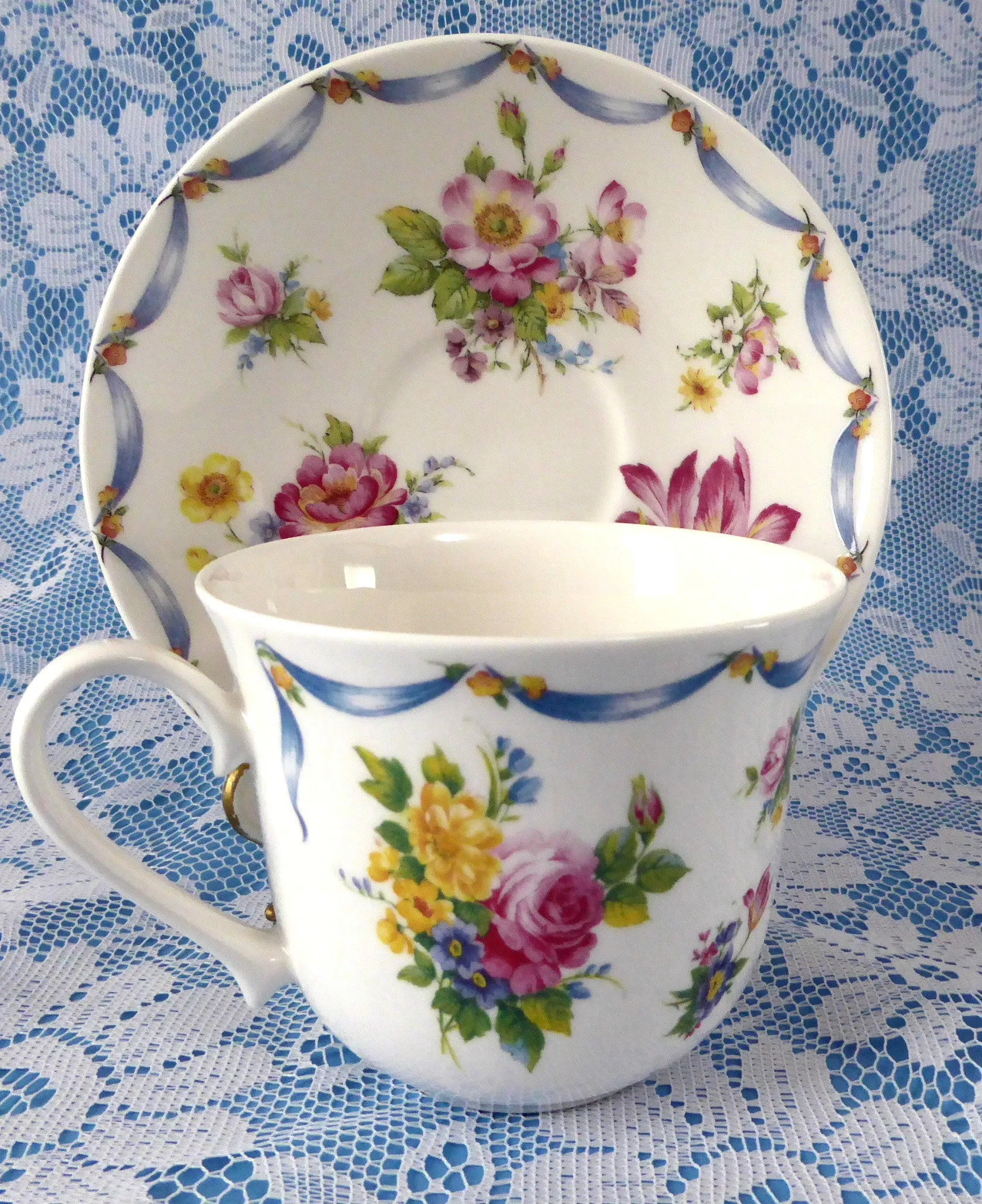 Dresden Spray Breakfast Size Cup And Saucer Roy Kirkham Flowers Floral Bone China