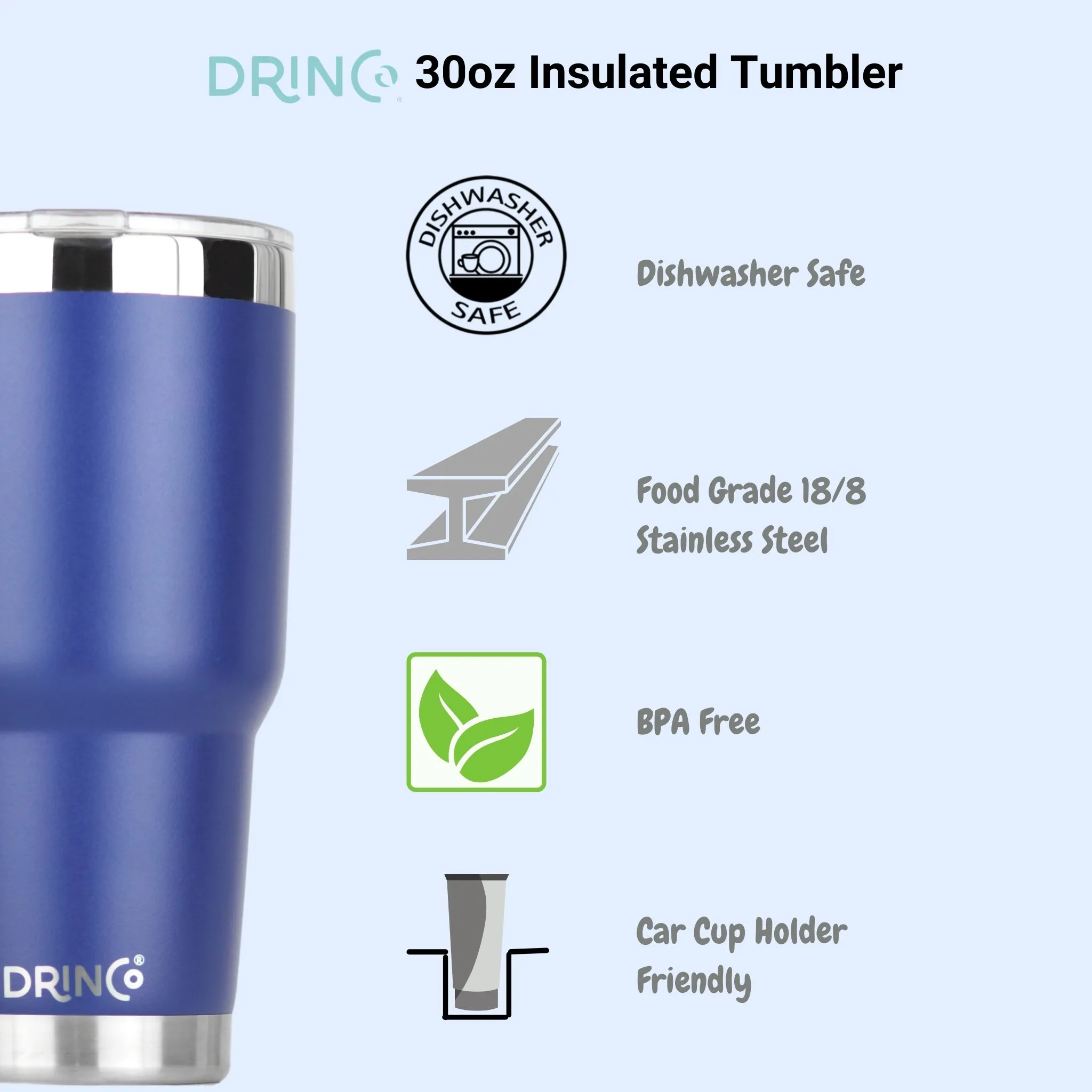 DRINCO® 30oz Insulated Tumbler Spill Proof Lid w/2 Straws - Royal Blue