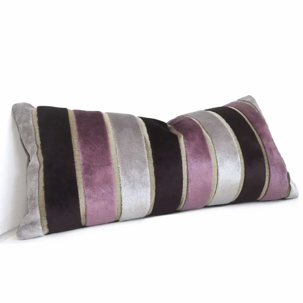 Emilio Amethyst Purple Gray Wide Velvet Stripe Pillow Cover