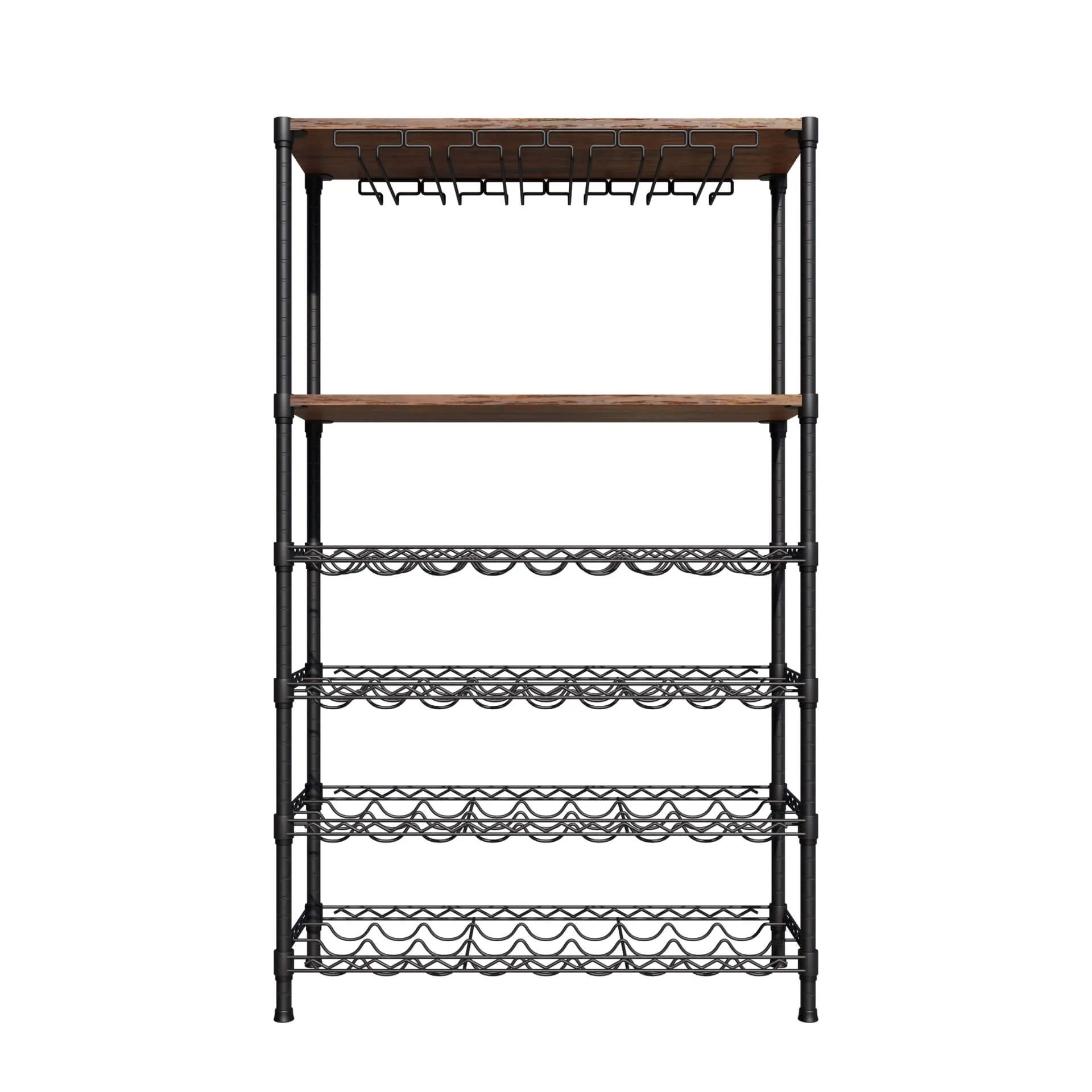 Empire 6 Tier Wire Wine Bottle Rack With Glass Holder and Shelf Black / Dark Wood 54 Bottle Capacity- EMP-WGRACK