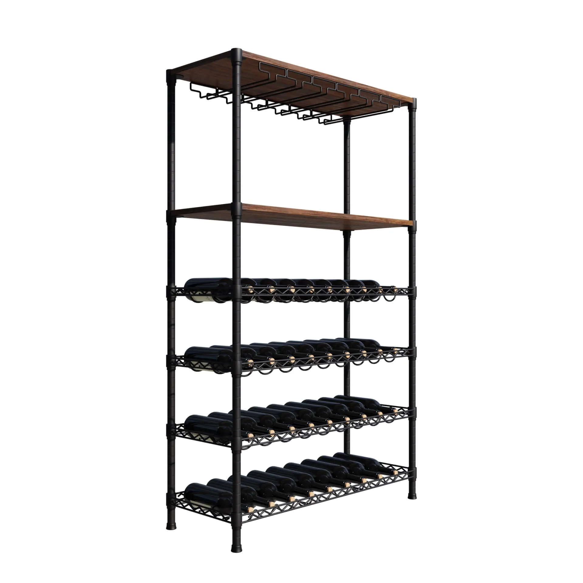 Empire 6 Tier Wire Wine Bottle Rack With Glass Holder and Shelf Black / Dark Wood 54 Bottle Capacity- EMP-WGRACK