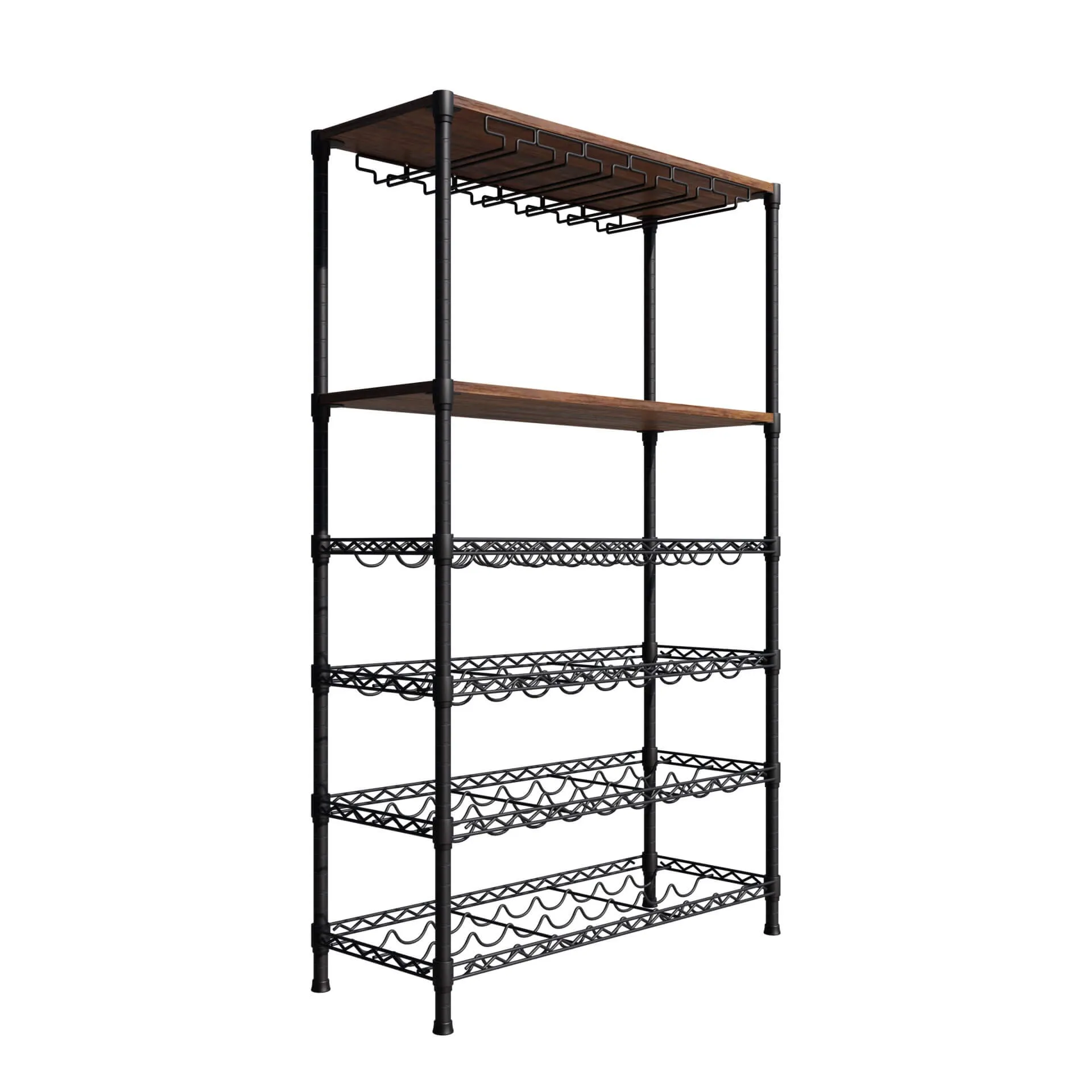 Empire 6 Tier Wire Wine Bottle Rack With Glass Holder and Shelf Black / Dark Wood 54 Bottle Capacity- EMP-WGRACK