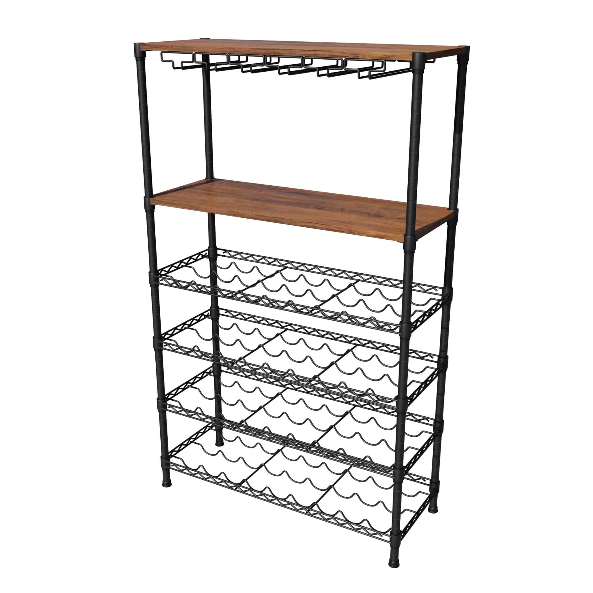 Empire 6 Tier Wire Wine Bottle Rack With Glass Holder and Shelf Black / Dark Wood 54 Bottle Capacity- EMP-WGRACK