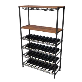 Empire 6 Tier Wire Wine Bottle Rack With Glass Holder and Shelf Black / Dark Wood 54 Bottle Capacity- EMP-WGRACK