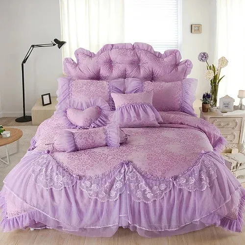 FLYTONN-luxury wedding bedding set purple red beige lace cotton jacquard Bedding sets full queen king size bedskirt duvet cover set