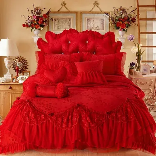 FLYTONN-luxury wedding bedding set purple red beige lace cotton jacquard Bedding sets full queen king size bedskirt duvet cover set