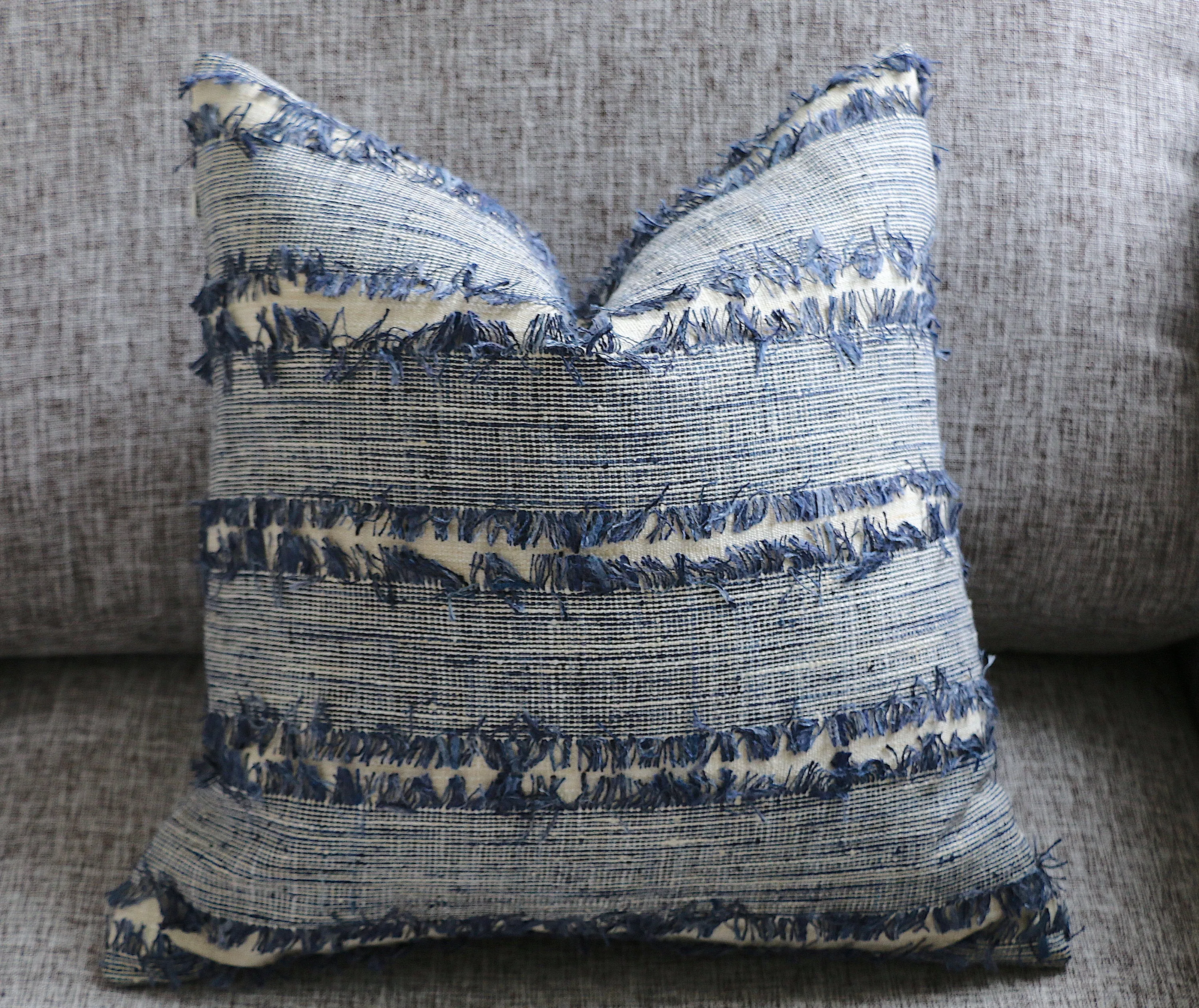 Folk Art Collection / Woven Blue Cushion Cover / 18x18 Blue Pillow & Other Sizes / Fringed Couch Pillow 20x20 / Blue Ombré Pillow Cover 24x24