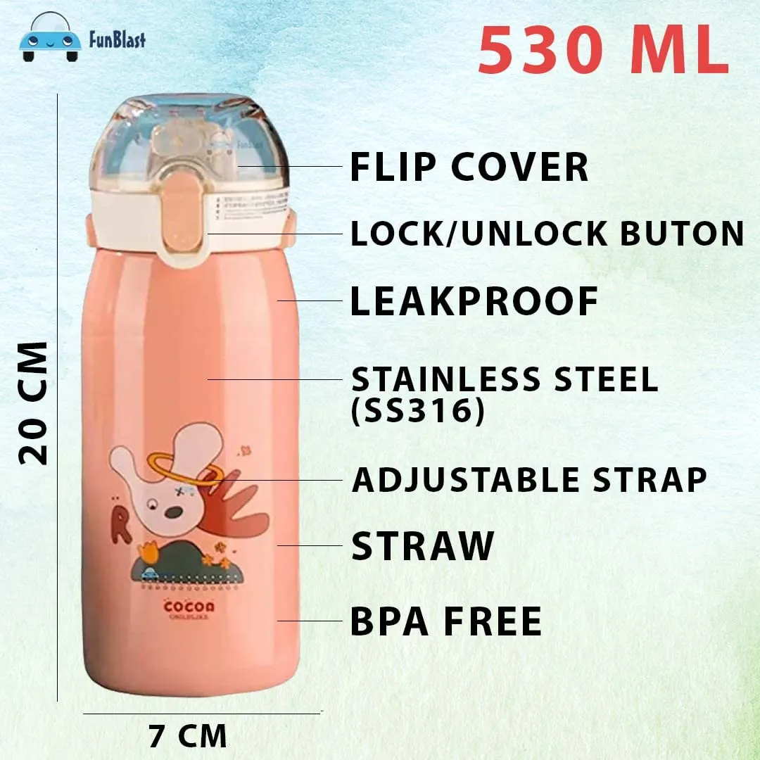 FunBlast Stainless Steel Water Bottle for Kids, Double Walled Vacuum Insulated, Cartoon Design Hot and Cold – Thermos Flask with Straw (530 Ml)