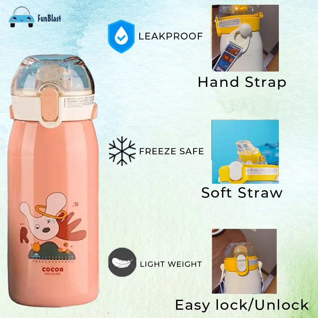 FunBlast Stainless Steel Water Bottle for Kids, Double Walled Vacuum Insulated, Cartoon Design Hot and Cold – Thermos Flask with Straw (530 Ml)