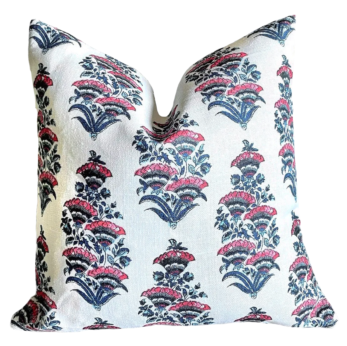 Genevieve: Indigo & Coral Pink Block Printed Floral Pillow Cover / Available in 10 Sizes