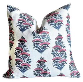 Genevieve: Indigo & Coral Pink Block Printed Floral Pillow Cover / Available in 10 Sizes