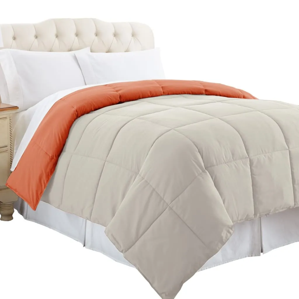 Genoa Queen Size Box Quilted Reversible Comforter By Casagear Home, Orange and Gray