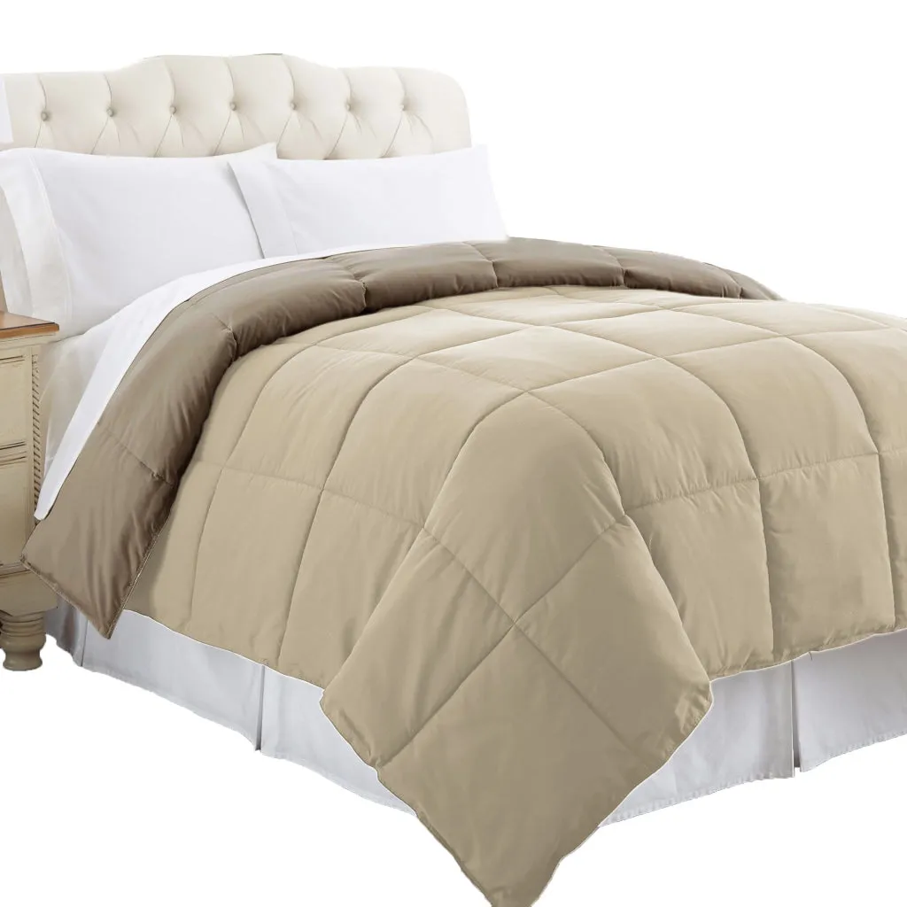 Genoa Twin Size Box Quilted Reversible Comforter By Casagear Home, Brown and Gold