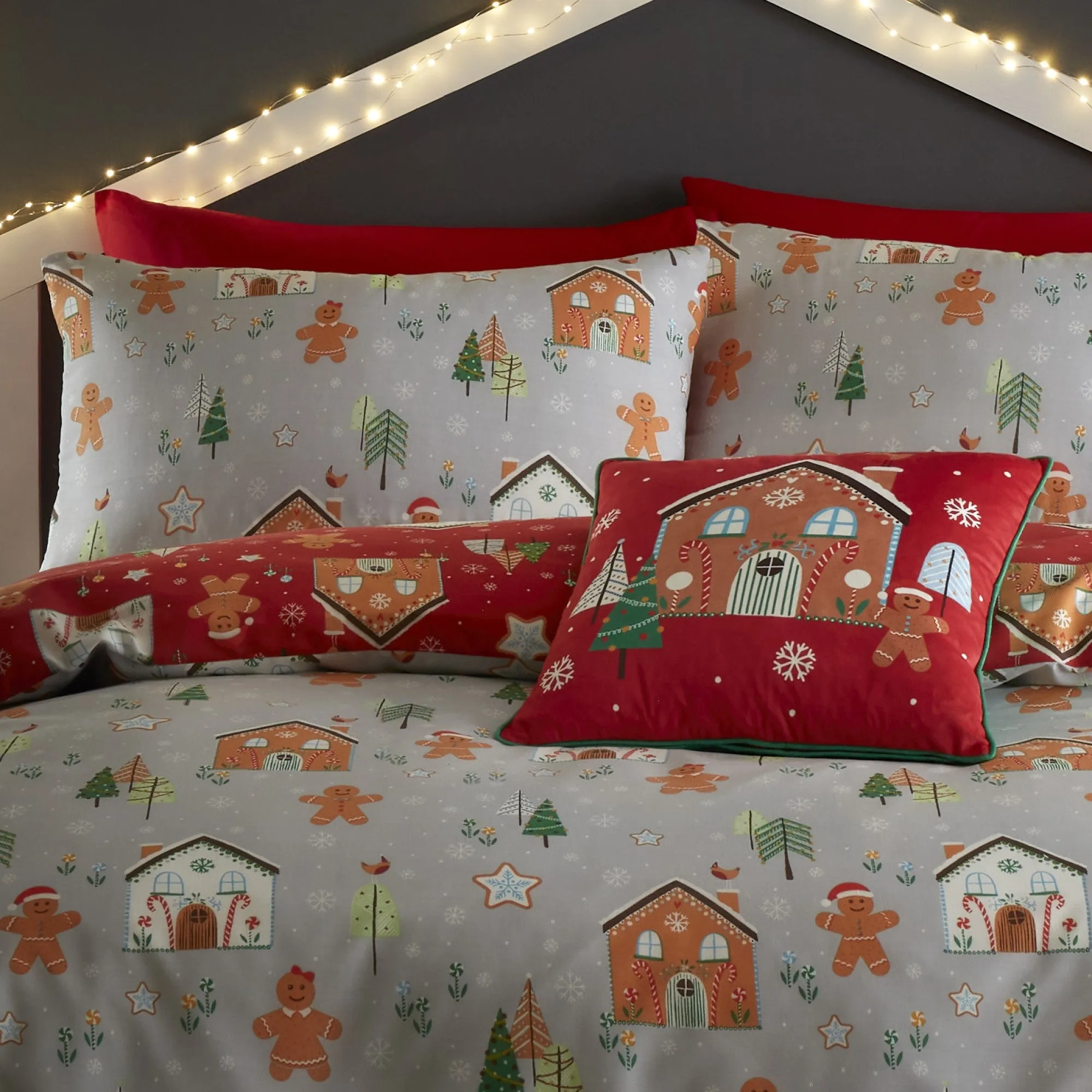 Gingerbread House Duvet Cover Set by Bedlam Christmas in Grey