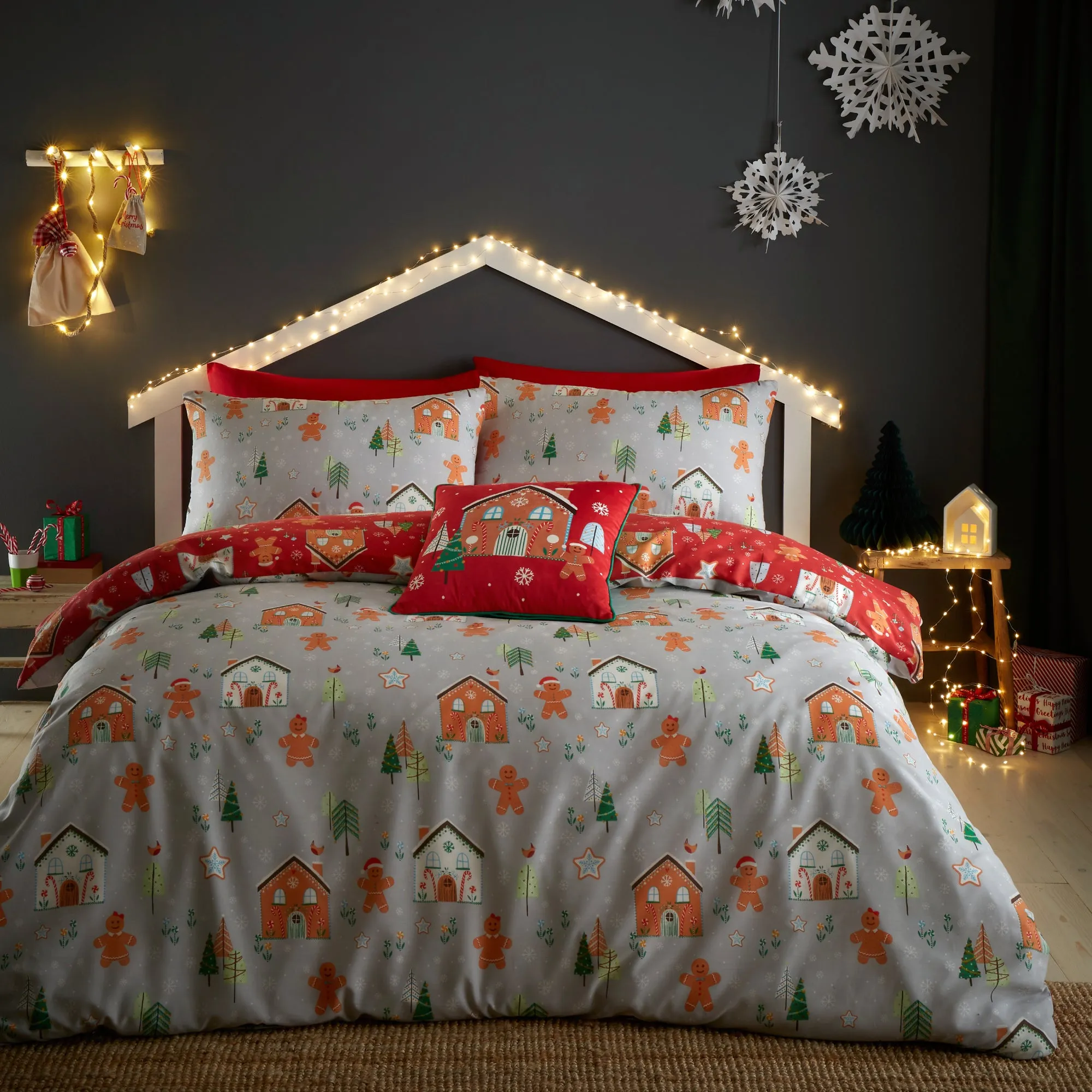 Gingerbread House Duvet Cover Set by Bedlam Christmas in Grey