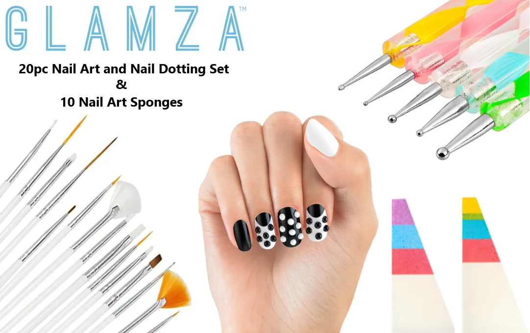 Glamza 20pc Nail Art Brushes & Dotting Set with Optional 10-Pack Nail Art Sponges