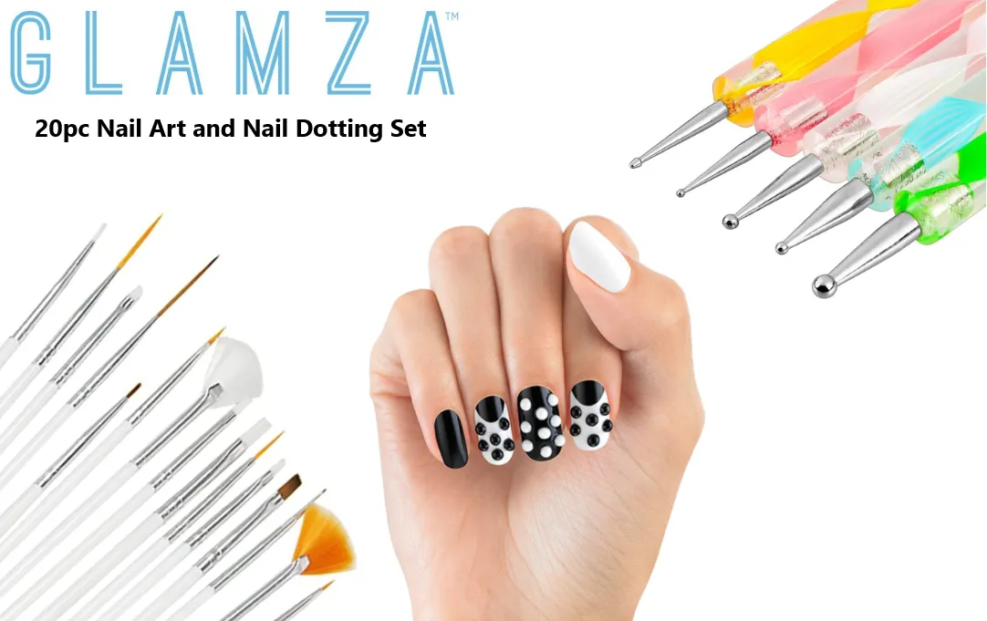 Glamza 20pc Nail Art Brushes & Dotting Set with Optional 10-Pack Nail Art Sponges