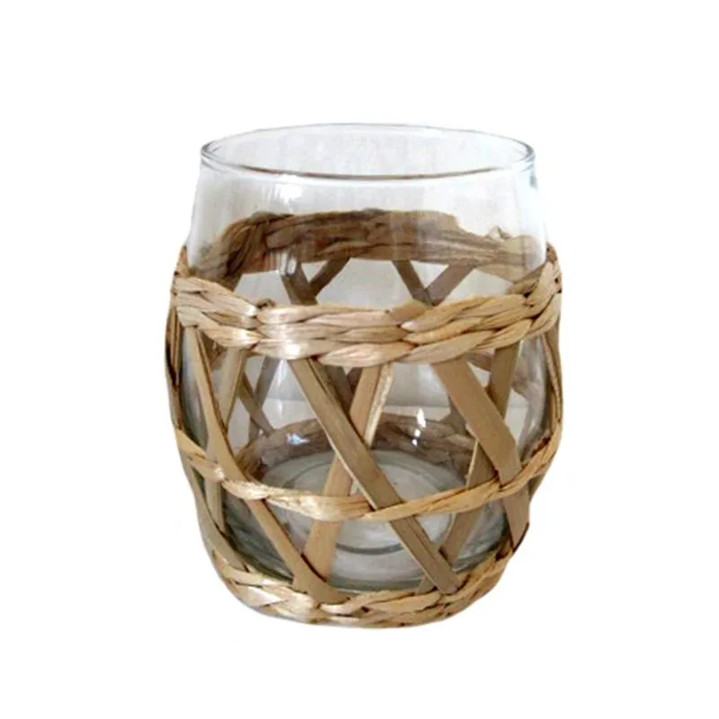 Glass & Rattan Stemless Wine Glass