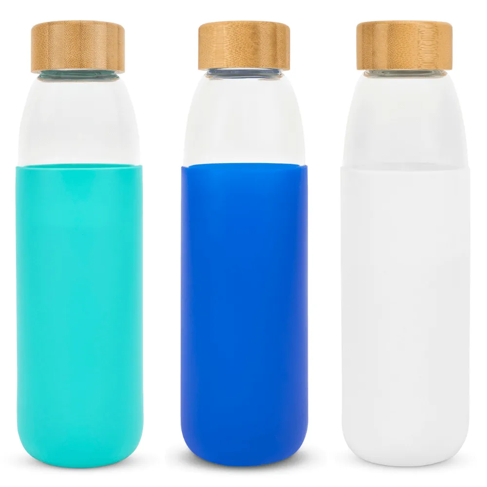 Glass Water Bottle with Bamboo Lid & Coloured Silicone Sleeve 540ml Assorted Colours BPA FREE