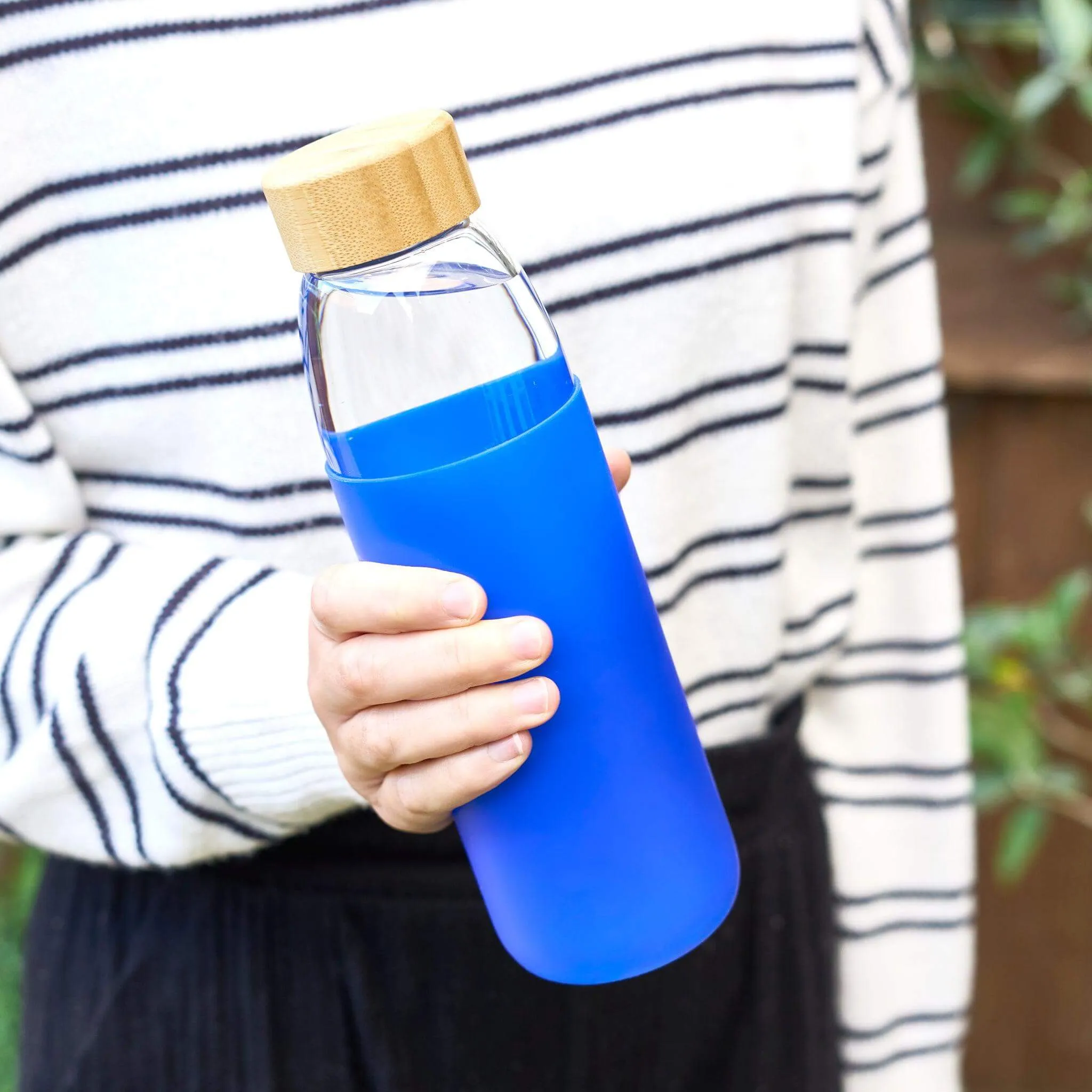 Glass Water Bottle with Bamboo Lid & Coloured Silicone Sleeve 540ml Assorted Colours BPA FREE