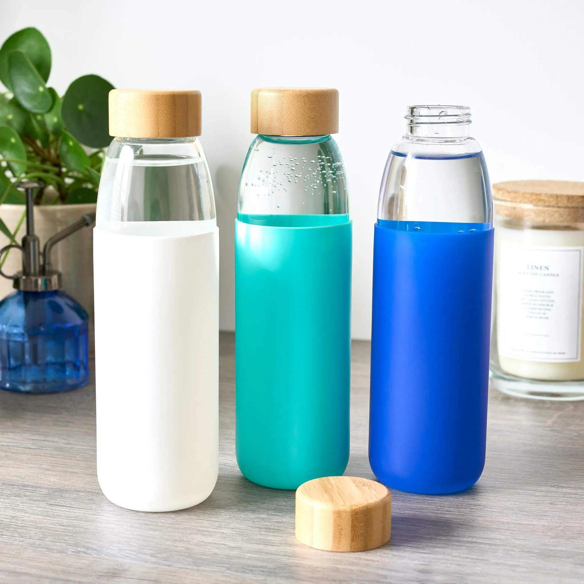 Glass Water Bottle with Bamboo Lid & Coloured Silicone Sleeve 540ml Assorted Colours BPA FREE