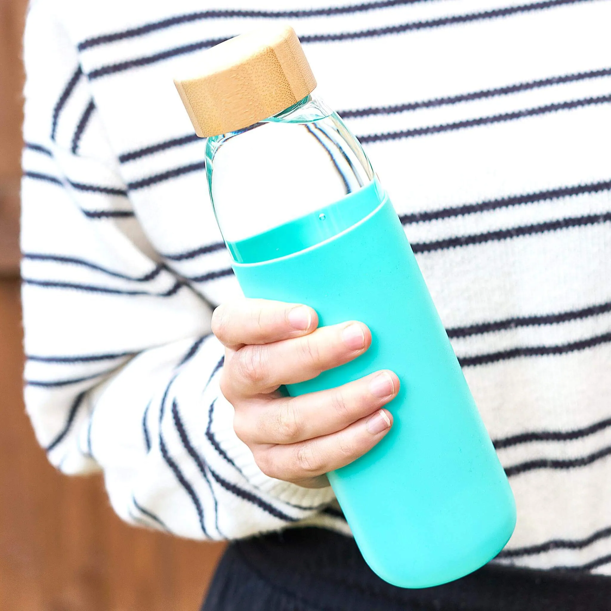 Glass Water Bottle with Bamboo Lid & Coloured Silicone Sleeve 540ml Assorted Colours BPA FREE