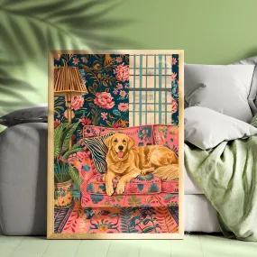 Golden Retriever Lounging on a Luxury Sofa - Maximalist Wall Art - Golden Retriever Print - Maximalism Dog Print