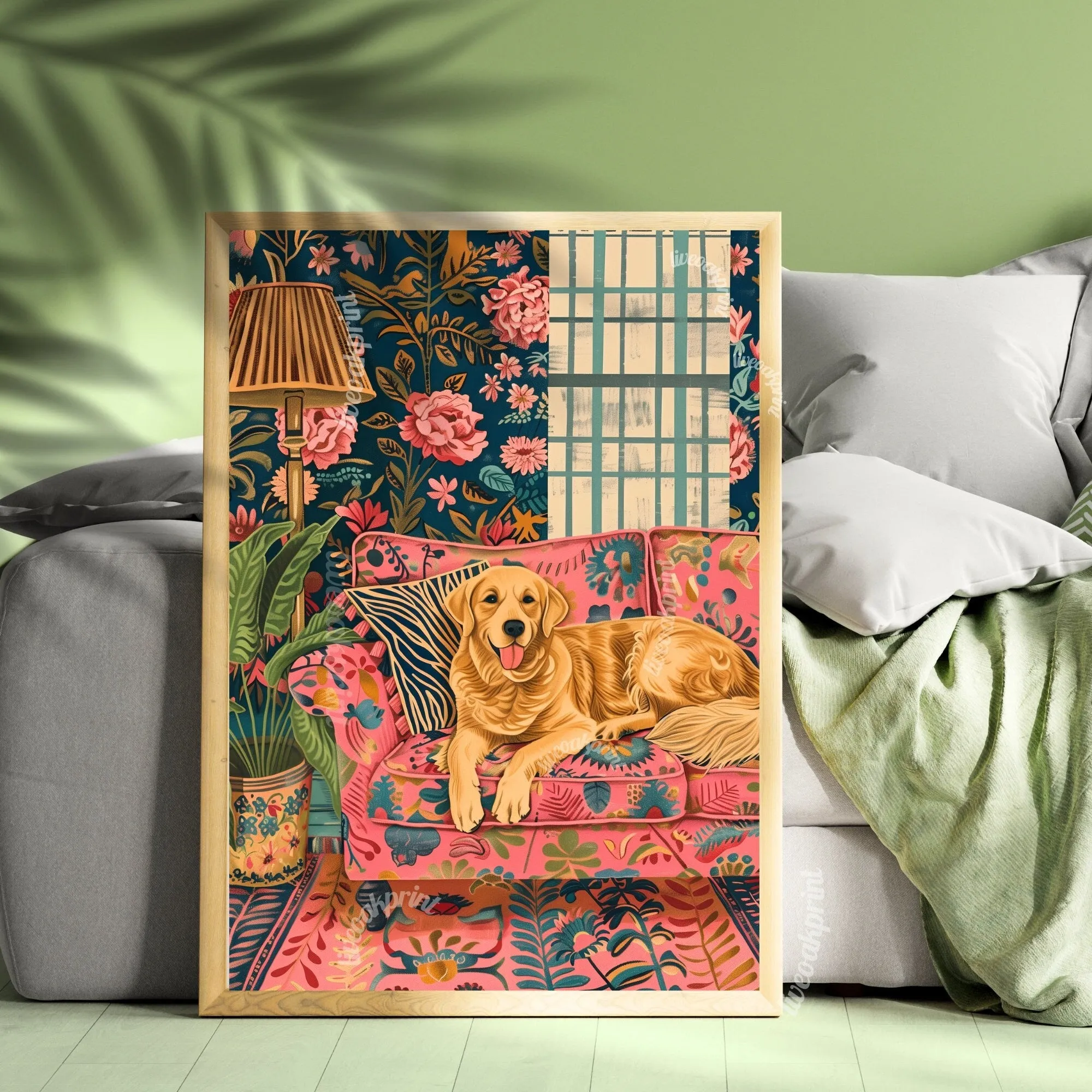 Golden Retriever Lounging on a Luxury Sofa - Maximalist Wall Art - Golden Retriever Print - Maximalism Dog Print