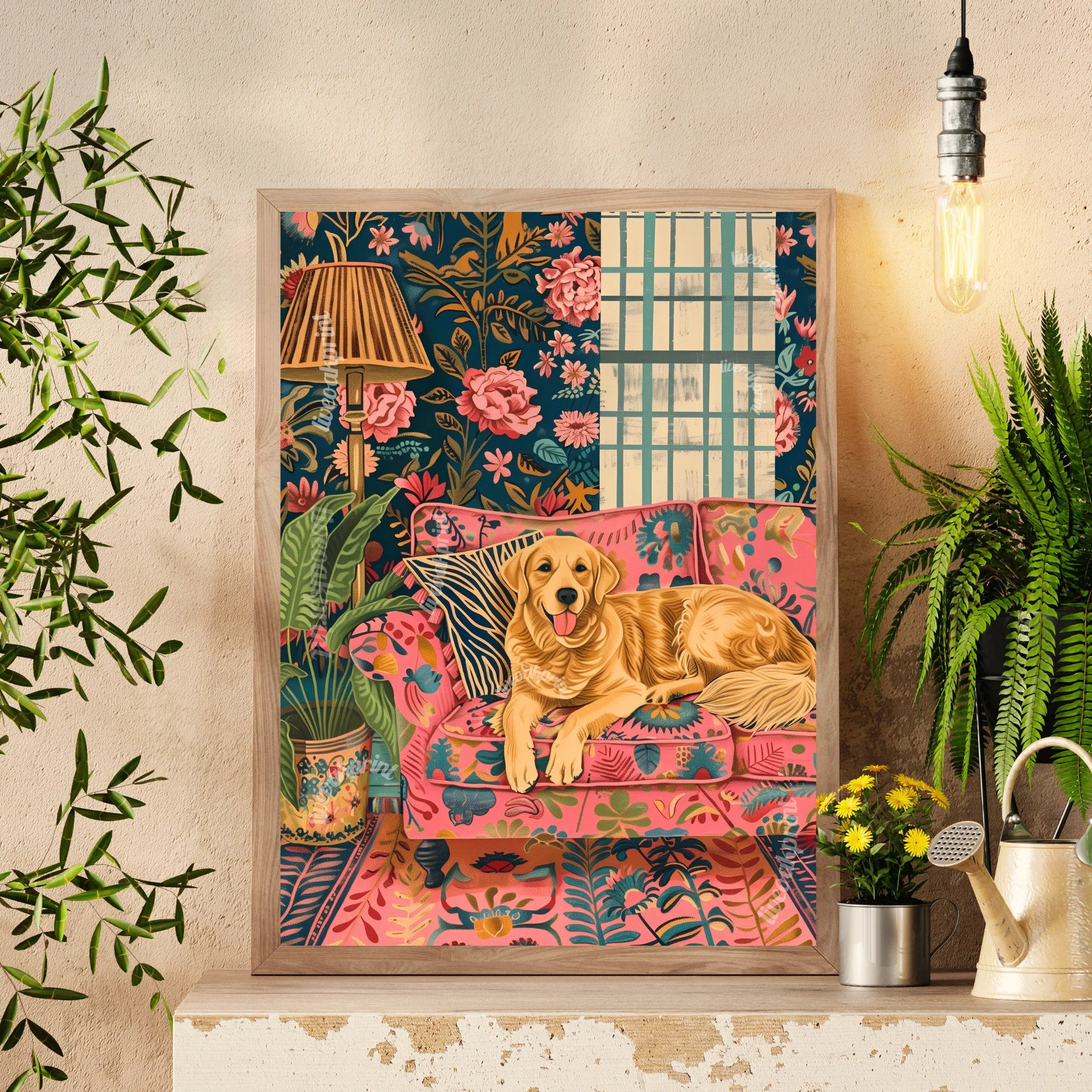 Golden Retriever Lounging on a Luxury Sofa - Maximalist Wall Art - Golden Retriever Print - Maximalism Dog Print