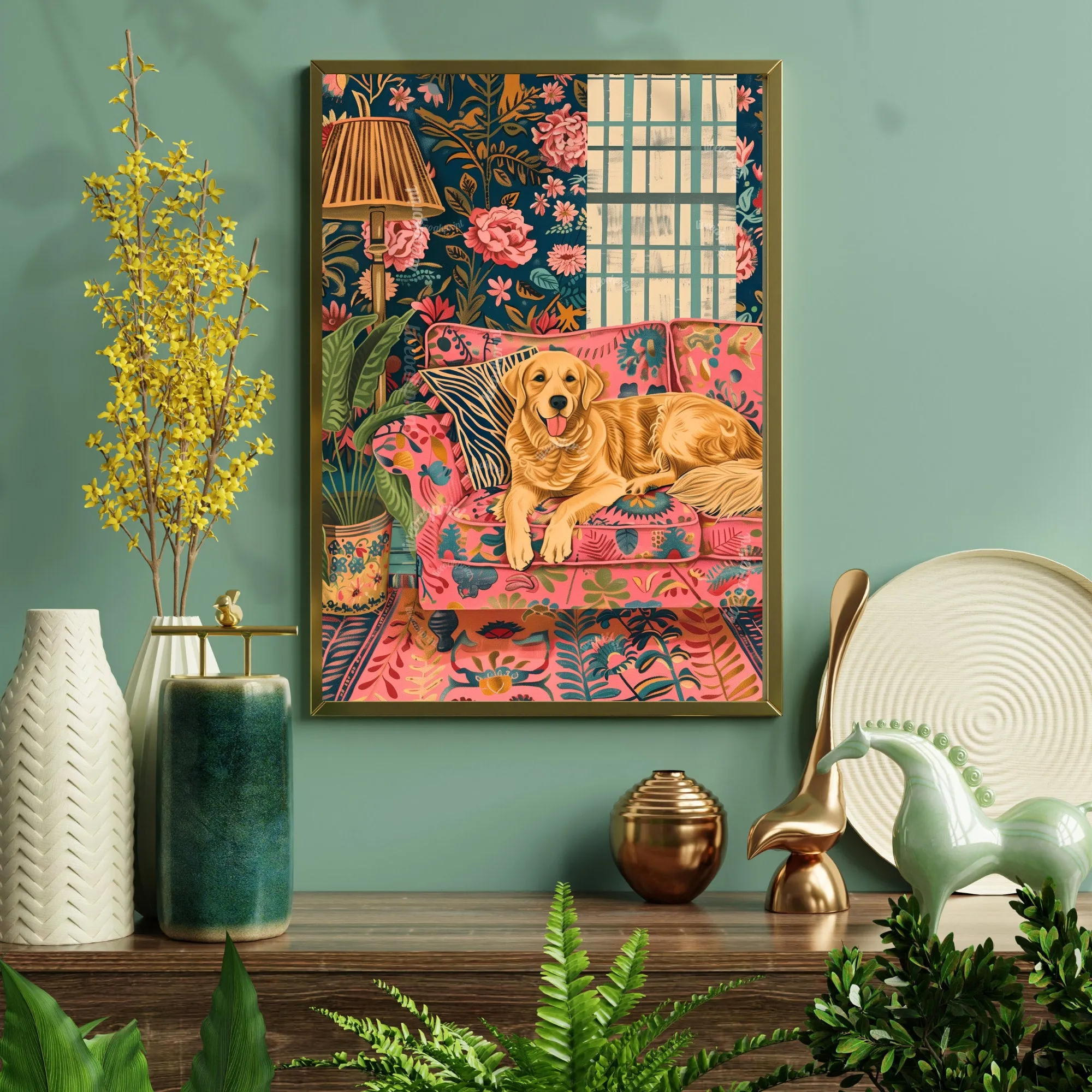 Golden Retriever Lounging on a Luxury Sofa - Maximalist Wall Art - Golden Retriever Print - Maximalism Dog Print