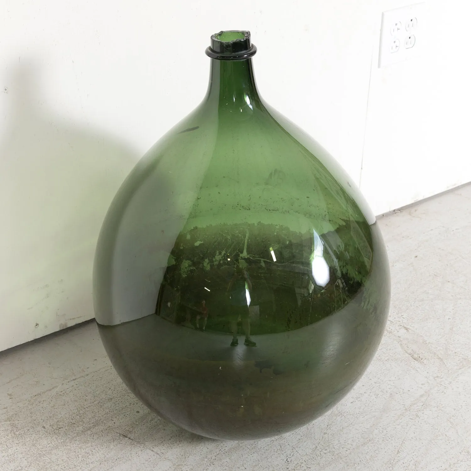 Grand 19th Century French Handblown Dark Green Glass Demijohn or Dame Jeanne Bottle