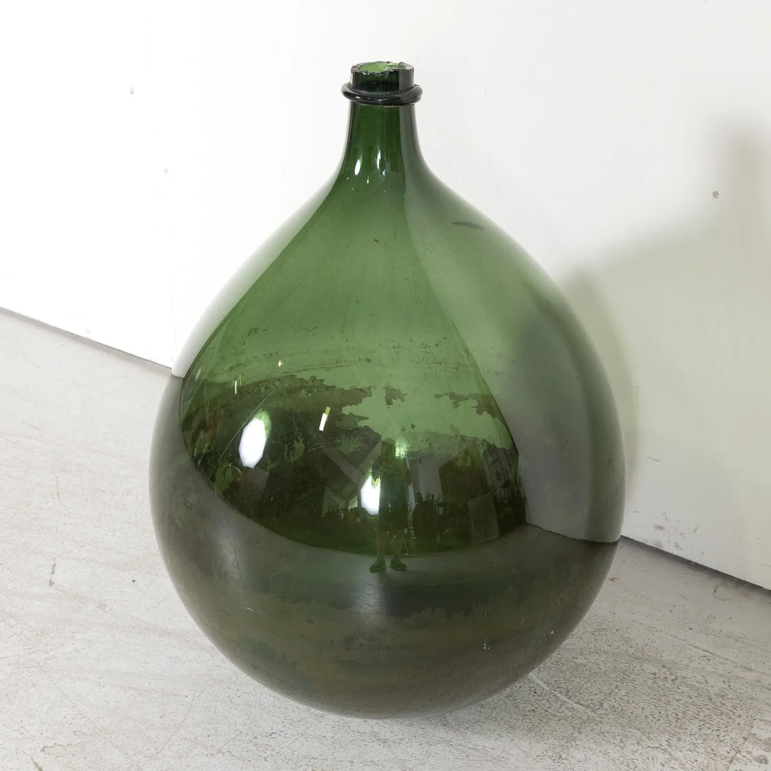 Grand 19th Century French Handblown Dark Green Glass Demijohn or Dame Jeanne Bottle