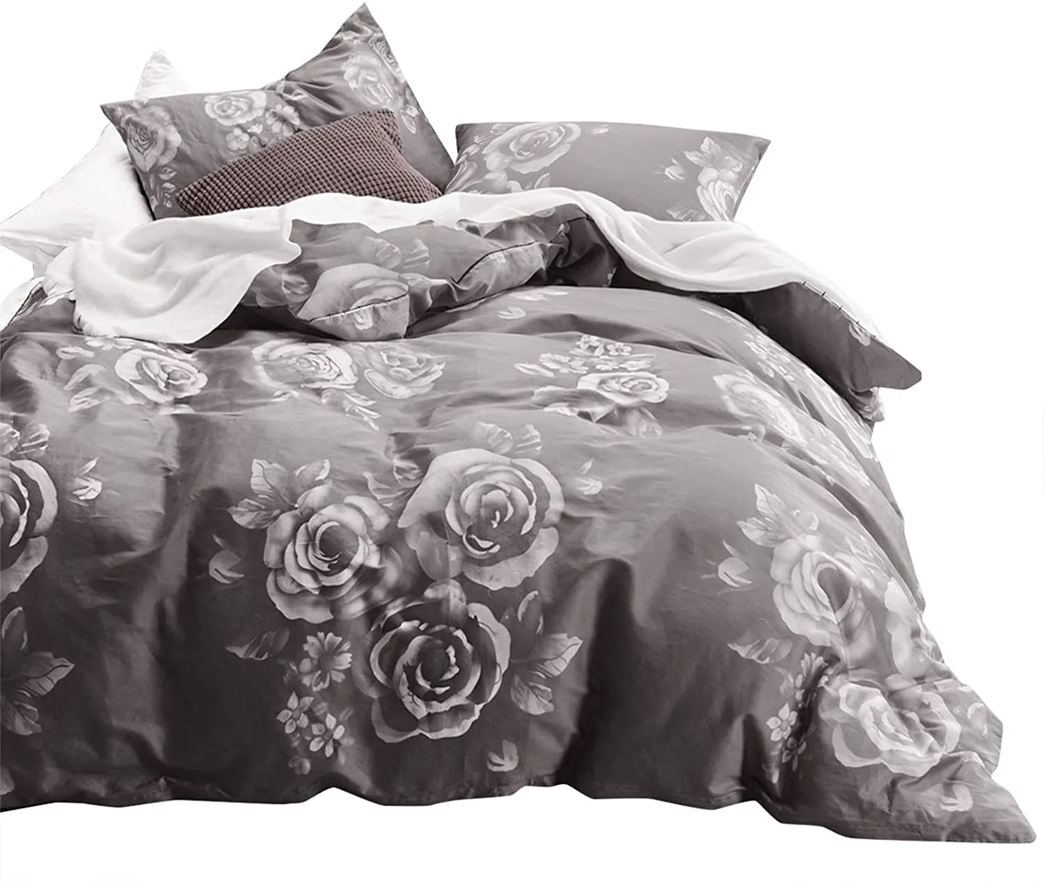 Gray Floral Duvet Cover Set, 100% Cotton Bedding, White Rose