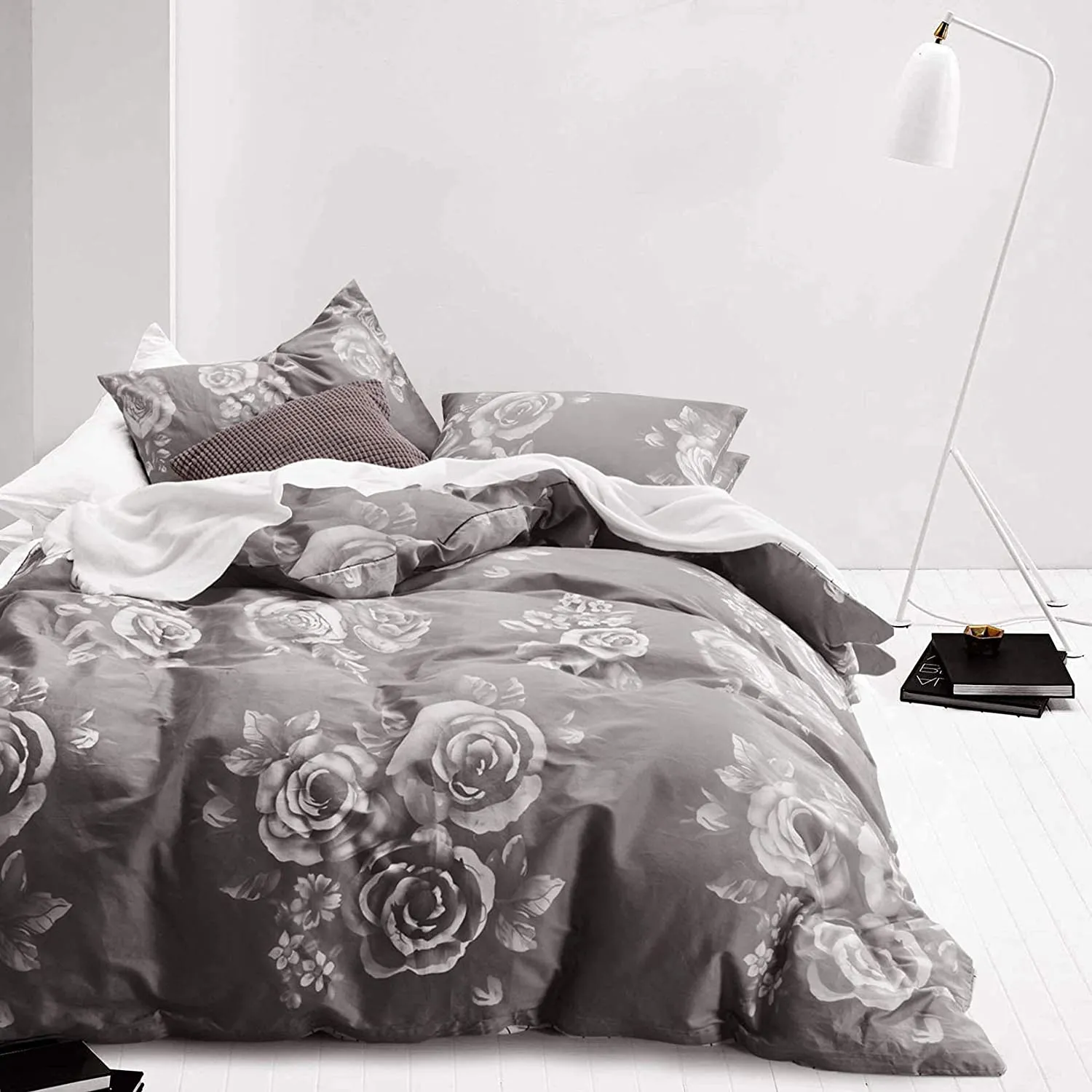 Gray Floral Duvet Cover Set, 100% Cotton Bedding, White Rose