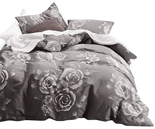 Gray Floral Duvet Cover Set, 100% Cotton Bedding, White Rose