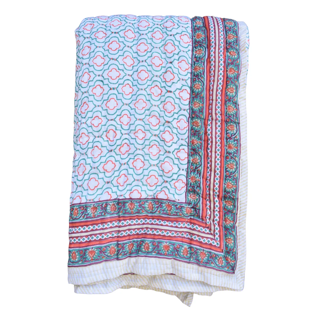 Handblock Printed Cotton Quilt - White / Red (King)