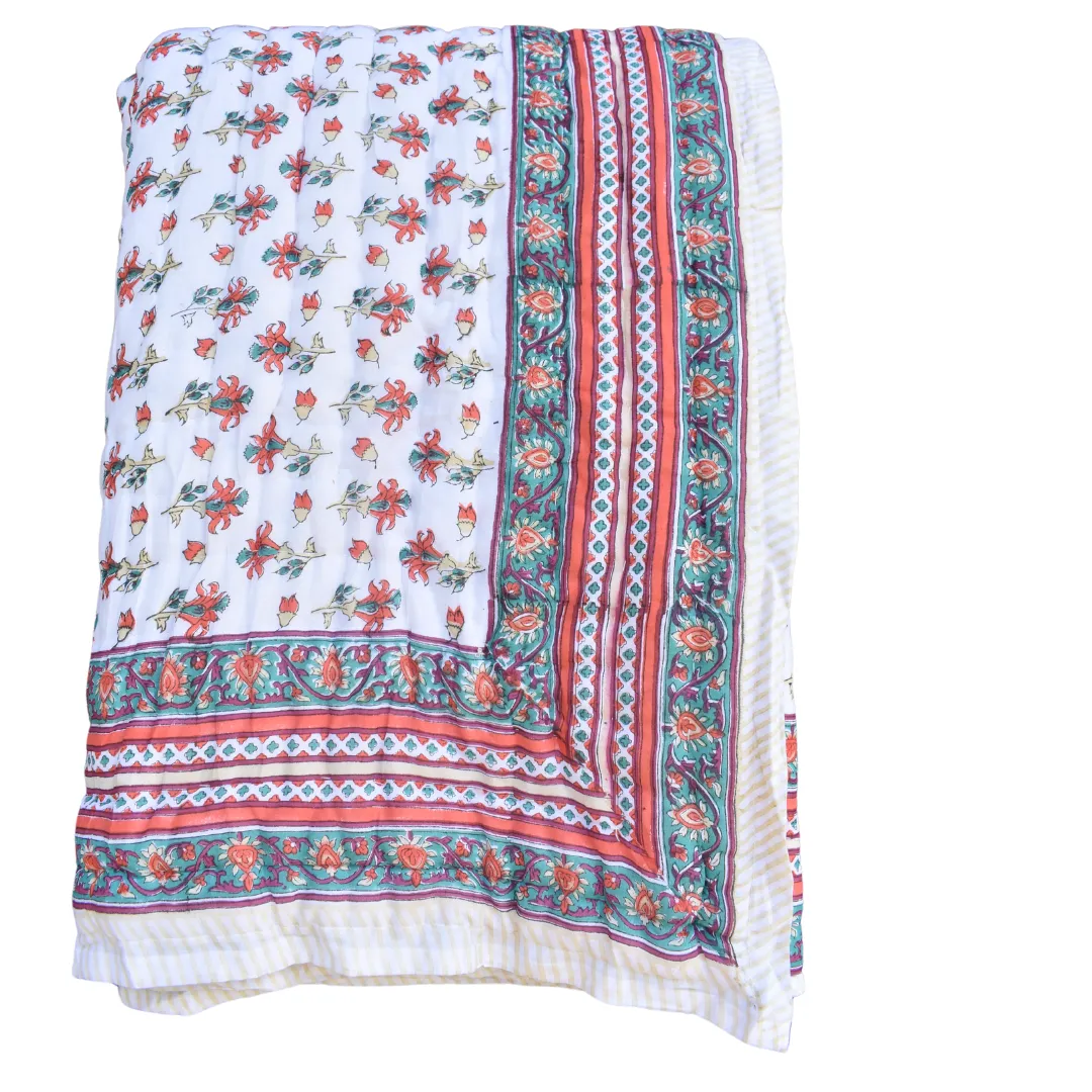 Handblock Printed Cotton Quilt - White / Red (King)