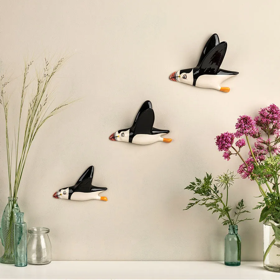 Handmade Ceramic Wall-mounted Flying Puffin Trio