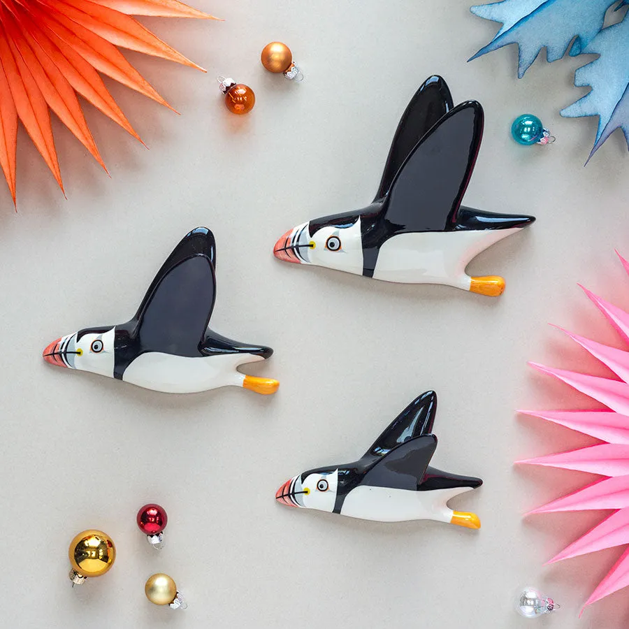 Handmade Ceramic Wall-mounted Flying Puffin Trio