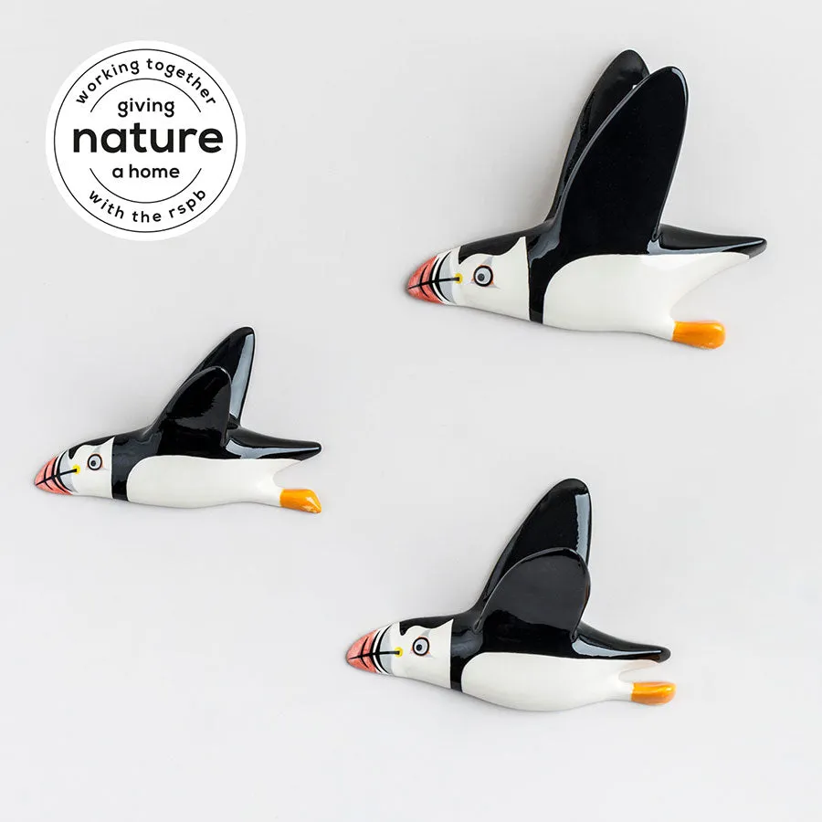 Handmade Ceramic Wall-mounted Flying Puffin Trio